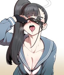 Rule 34 | 1girl, black eyes, black gloves, black hair, blue archive, blue shirt, breasts, cleavage, delinquent, fingerless gloves, forked tongue, gloves, halo, highres, large breasts, leaning forward, long hair, long sleeves, looking at viewer, mask, mask lift, mouth mask, nutkingcall, open mouth, shirt, side ponytail, solo, sukeban, sukeban (smg) (blue archive), teeth, tongue, tongue out, upper body, upper teeth only, white background