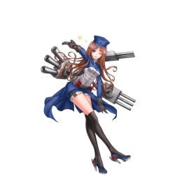 Rule 34 | 1girl, ;d, belt, black gloves, black thighhighs, blue coat, blue footwear, blue hat, blue shorts, breasts, brown hair, buttons, cannon, coat, cross, eyebrows, full body, gloves, hat, high heels, infukun, iron cross, koln (warship girls r), long hair, looking at viewer, machinery, military hat, official art, one eye closed, open mouth, outstretched arm, pointing, purple eyes, shoes, shorts, smile, solo, star (symbol), thighhighs, torpedo, transparent background, turret, warship girls r