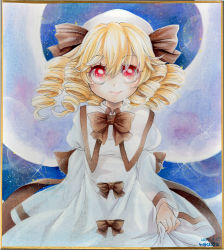 Rule 34 | 1girl, blonde hair, blush, bow, dress, drill hair, hat, highres, luna child, mosho, painting (medium), red eyes, shikishi, short hair, smile, solo, touhou, traditional media, watercolor (medium), wings