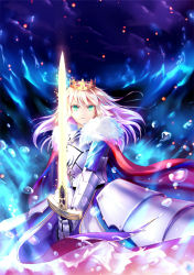 Rule 34 | 1girl, armor, armored dress, artist request, artoria pendragon (fate), blonde hair, blue dress, bubble, crown, dress, excalibur (fate/stay night), fate/stay night, fate (series), faulds, fur trim, gauntlets, glint, glowing, glowing sword, glowing weapon, green eyes, highres, holding, holding sword, holding weapon, night, open mouth, parted lips, saber (fate), saber ruri, solo, sword, weapon