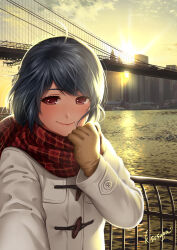 Rule 34 | 1girl, adjusting scarf, artist name, blue hair, blush, bridge, brooklyn bridge, brown gloves, building, cityscape, closed mouth, coat, commentary request, domestic na kanojo, duffel coat, evening, gloves, hand up, highres, looking at viewer, new york, outdoors, plaid, plaid scarf, reaching, reaching towards viewer, real world location, red eyes, river, sasuga kei, scarf, scenery, selfie, short hair, skyscraper, smile, solo, sun, sunset, tachibana rui, white coat