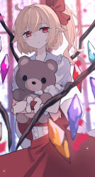 Rule 34 | 1girl, absurdres, blonde hair, blouse, blurry, center frills, closed mouth, collared shirt, cowboy shot, crystal, depth of field, flandre scarlet, frilled shirt collar, frilled sleeves, frills, hair between eyes, highres, holding, holding stuffed toy, looking at viewer, medium hair, multicolored wings, pout, puffy short sleeves, puffy sleeves, putchi (kinokonokami), red eyes, red skirt, red vest, shirt, short sleeves, side ponytail, skirt, skirt set, solo, stained glass, stuffed animal, stuffed toy, teddy bear, touhou, vest, white shirt, window, wings