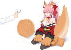 Rule 34 | 1girl, animal ear fluff, animal ears, animal hands, bare shoulders, bell, black thighhighs, blush, bow, breasts, cleavage, closed eyes, collar, detached sleeves, fate/extra, fate/grand order, fate (series), flying sweatdrops, fox ears, fox girl, fox tail, furball, gloves, hair between eyes, hair bow, hair brush, highres, japanese clothes, jingle bell, kimono, kitajima yuuki, large breasts, long hair, neck bell, obi, open mouth, paw gloves, paw shoes, pink hair, ponytail, red bow, red kimono, sash, sidelocks, sitting, smile, solo focus, tail, tamamo (fate), tamamo cat (fate), tamamo cat (first ascension) (fate), thighhighs, wariza, wide sleeves