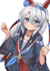 Rule 34 | 1girl, absurdres, alternate costume, animal ears, belt, black belt, blue eyes, blush, clenched hands, closed mouth, clothing request, commentary request, ear covers, grey hair, hair between eyes, hairband, highres, horse ears, horse girl, long hair, looking at viewer, multicolored neckerchief, neckerchief, simple background, solo, striped clothes, striped hairband, tamamo cross (umamusume), two-tone neckerchief, umamusume, white background, yokawa nagi