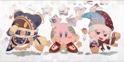 Rule 34 | :d, blue coat, blush stickers, bow, bowtie, coat, detached sleeves, fangs, gloves, hat, kirby, kirby (series), looking at viewer, magolor, marx (kirby), mi (mm), nintendo, no humans, open mouth, purple eyes, rayman limbs, red bow, red bowtie, red footwear, shoes, smile, star (symbol), white background, yellow gloves, | |