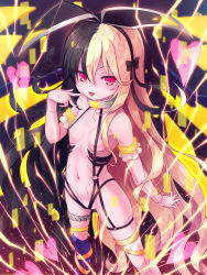 Rule 34 | 1girl, android, asymmetrical legwear, bare shoulders, black bow, black hair, black hairband, black ribbon, blonde hair, blue socks, bow, breasts, broken heart, character request, commentary request, hair between eyes, hair bow, hair ribbon, hairband, hand up, heart, highres, kneehighs, long hair, looking at viewer, multicolored hair, parted lips, red eyes, revealing clothes, ribbon, single kneehigh, single sock, small breasts, socks, solo, sora no kanata no dystopia, standing, tongue, tongue out, two-tone hair, uneven legwear, very long hair, yuku (kiollion)