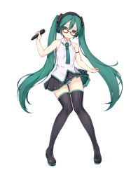 Rule 34 | 1girl, bad id, bad pixiv id, black thighhighs, boots, glasses, green eyes, green hair, green panties, hatsune miku, highres, lat model (mikumikudance), long hair, matching hair/eyes, microphone, necktie, panties, pantyshot, simple background, skirt, solo, striped clothes, striped panties, tama (tamatamo), thigh boots, thighhighs, twintails, underwear, upskirt, very long hair, vocaloid, white background