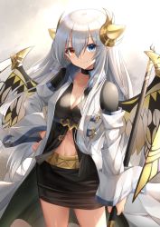 Rule 34 | 1girl, black choker, blue eyes, breasts, choker, cleavage, closed eyes, closed mouth, collarbone, detached sleeves, eyes visible through hair, hair between eyes, hand on own hip, heterochromia, holding, holding weapon, horns, ideal (p&amp;d), kanaria hisagi, long hair, long sleeves, looking at viewer, medium breasts, navel, off shoulder, puzzle &amp; dragons, red eyes, sidelocks, simple background, smile, solo, thighs, weapon, white background, white hair, wide sleeves, wings
