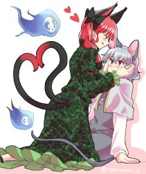 Rule 34 | 2girls, animal ears, blush, capelet, cat ears, cat tail, check commentary, commentary request, dress, green dress, grey dress, grey hair, hair ribbon, hand on another&#039;s face, heart, heart tail, highres, hitodama, jewelry, kaenbyou rin, licking lips, long sleeves, mana (gooney), mouse ears, mouse tail, multiple girls, multiple tails, nail polish, nazrin, necklace, pointy ears, red eyes, red hair, ribbon, simple background, skull, sweat, tail, tongue, tongue out, touhou, two tails, yuri
