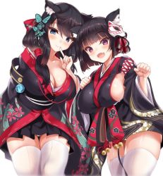 Rule 34 | 2girls, :d, animal ears, azur lane, black hair, blue eyes, breasts, butterfly hair ornament, cat ears, cle masahiro, cleavage, closed mouth, covered erect nipples, cowboy shot, fang, finger to mouth, floral print, fusou (azur lane), hair ornament, hair over shoulder, hair ribbon, japanese clothes, large breasts, long hair, low-tied long hair, mask, mask on head, multiple girls, open mouth, panties, pantyshot, paw pose, pleated skirt, purple eyes, ribbon, short hair, sideboob, simple background, skirt, smile, standing, thigh gap, thighhighs, thighs, underwear, white background, white legwear, white panties, wide sleeves, yamashiro (azur lane)