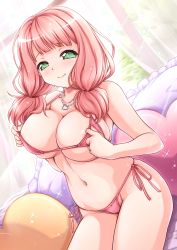Rule 34 | 1girl, absurdres, bang dream!, bikini, blush, breasts, cameltoe, cleavage, collarbone, commission, commissioner upload, facing viewer, green eyes, heart, heart necklace, heart-shaped pillow, highres, jewelry, large breasts, low twintails, medium hair, moyuru, navel, necklace, on bed, pillow, pink bikini, pink hair, skeb commission, smile, solo, sparkle, stomach, swimsuit, twintails, uehara himari, window