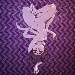 Rule 34 | 1girl, arthropod girl, breasts, colored skin, extra arms, extra eyes, fangs, feet, hand on own hip, highres, insect girl, monster girl, muffet, nipples, purple skin, pussy, short hair, silk, spider girl, spider web, undertale, upside-down