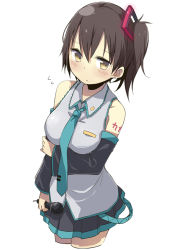 Rule 34 | 1girl, :&lt;, amaa (chou dennou jidai), bad id, bad pixiv id, blush, breasts, brown hair, cosplay, cowboy shot, detached sleeves, hair ornament, hatsune miku, hatsune miku (cosplay), kaga (kancolle), kantai collection, microphone, necktie, personification, short hair, side ponytail, simple background, solo, vocaloid, white background