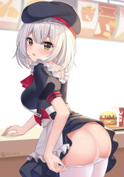Rule 34 | 1girl, ass, beret, black hat, breasts, burger, commentary request, food, genshin impact, green eyes, hat, heart, heart-shaped pupils, highres, icwine, looking at viewer, medium breasts, noelle (genshin impact), noelle (kfc) (genshin impact), pantyhose, puffy short sleeves, puffy sleeves, short hair, short sleeves, sideboob, solo, symbol-shaped pupils, twitter username, white hair, white pantyhose