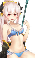 Rule 34 | 1girl, bikini, blush, breasts, fate/grand order, fate (series), kiyohime (fate), kiyohime (swimsuit lancer) (fate), light purple hair, long hair, looking at viewer, navel, open mouth, ponytail, red eyes, smile, solo, swimsuit, weapon