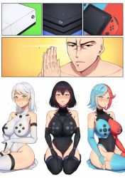 Rule 34 | 1boy, 3girls, band-width, black hair, black legwear, black leotard, blue hair, blue thighhighs, blush, breasts, bridal gauntlets, commission, covered navel, elbow gloves, game console, gloves, green eyes, heterochromia, impossible clothes, impossible leotard, large breasts, leotard, microsoft, multicolored hair, multiple girls, nintendo, nintendo switch, own hands together, personification, playstation 4, portrait, product girl, real life, red hair, red legwear, seiza, sitting, skin tight, sony, split-color hair, take your pick, thick thighs, thighhighs, thighs, white hair, white legwear, white leotard, xbox one