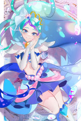 Rule 34 | 1girl, absurdres, blue eyes, blue hair, blue skirt, bridal gauntlets, bubble, commentary, cure mermaid, earrings, elbow gloves, gloves, go! princess precure, high ponytail, highres, jewelry, kaidou minami, looking at viewer, magical girl, midriff, nani (s2 nani), precure, purple hair, shell, shell earrings, shell hair ornament, skirt, smile, solo, white gloves