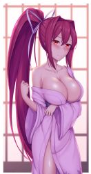 Rule 34 | 1girl, blush, breast hold, breasts, cleavage, collarbone, commentary request, cowboy shot, groin, hair intakes, hair ribbon, high ponytail, highres, japanese clothes, kimono, large breasts, long hair, looking at viewer, naked kimono, off shoulder, pink kimono, red eyes, red hair, ribbon, shiny skin, single bare shoulder, smile, solo, soukitsu, standing, thighs, twitter username, under night in-birth, very long hair, white ribbon, wide sleeves, window, yukata, yuzuriha (under night in-birth)