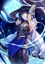 Rule 34 | 1girl, armpits, arms up, bare shoulders, blue hair, breasts, commentary request, dark blue hair, diagonal bangs, dice, elbow gloves, fingerless gloves, genshin impact, gloves, green eyes, guzangnanfeng, highres, hip vent, large breasts, looking at viewer, short hair, single elbow glove, single fingerless glove, sleeveless, solo, tassel, yelan (genshin impact)