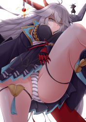 Rule 34 | 1girl, armor, ass, asymmetrical horns, azur lane, disgust, dress, from below, grey hair, hakuryuu (azur lane), highres, horns, japanese armor, looking at viewer, looking down, mismatched horns, panties, pleated dress, sash, shaded face, simple background, solo, striped clothes, striped panties, suneate, suzu (17081023), underwear, white background, white eyes, white panties, white sash