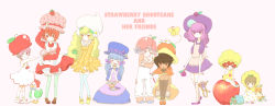 Rule 34 | 6+girls, :d, absurdres, animal, animal on lap, apple, apple dumplin&#039; (sbsc), apple hair ornament, apricot (sbsc), apron, baby, bird, black hair, blonde hair, blue dress, blue hair, blueberry muffin (sbsc), bob cut, bonnet, bow, brown eyes, bug, butter cookie (sbsc), butterfly, cake, cap, cape, capelet, caption, cat, cherry cuddler (sbsc), child, copyright name, custard (sbsc), dark-skinned female, dark skin, dress, duck, flat color, flower, food, food-themed hair ornament, frog, fruit, hair bow, hair ornament, hat, highres, holding, holding animal, holding cat, holding rabbit, hotate1, insect, large hat, leggings, lemon meringue (sbsc), light brown hair, lolita fashion, long hair, monkey, mouse (animal), multiple girls, on lap, onesie, open mouth, orange blossom (sbsc), orange dress, overalls, oversized object, pastel colors, petite, pink eyes, pink hair, platinum blonde hair, purple dress, purple eyes, purple hair, rabbit, raspberry, raspberry torte (sbsc), red dress, red hair, ribbon, short hair, short twintails, sitting on apple, smile, strawberry, strawberry shortcake, strawberry shortcake (copyright), strawberry shortcake (sbsc), striped legwear, stuffed animal, stuffed toy, teddy bear, toddler, turtle, twintails, vintage clothes, white background, yellow dress, yellow eyes