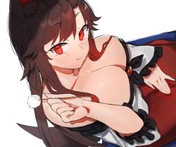 Rule 34 | 1girl, animal ear fluff, animal ears, bad id, bad pixiv id, blush, breasts, brown hair, cleavage, commentary request, hand up, holding, imaizumi kagerou, lap pillow invitation, large breasts, long hair, looking at viewer, mimikaki, off-shoulder shirt, off shoulder, red eyes, red skirt, shirt, simple background, skirt, smile, solo, suminagashi, tail, touhou, white background, white shirt, wolf ears, wolf tail