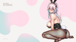 Rule 34 | 1girl, animal ears, aqua hair, ass, back, bare shoulders, black leotard, blush, breasts, colored inner hair, detached collar, fake animal ears, feet, fishnet pantyhose, fishnets, headphones, highres, large breasts, leotard, lips, long hair, looking at viewer, looking back, multicolored hair, nitroplus, no shoes, official art, pantyhose, pink hair, playboy bunny, rabbit ears, rabbit tail, red eyes, sideboob, sitting, soles, solo, strapless, strapless leotard, super sonico, tail, thighs, tsuji santa, two-tone hair, wariza
