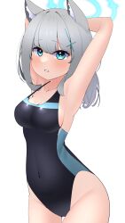 Rule 34 | 1girl, absurdres, animal ear fluff, animal ears, arms behind head, black one-piece swimsuit, blue archive, blue eyes, breasts, competition swimsuit, covered navel, cowboy shot, cross hair ornament, extra ears, grey hair, hair ornament, halo, highres, kooei, looking at viewer, low ponytail, medium breasts, medium hair, mismatched pupils, multicolored clothes, multicolored swimsuit, one-piece swimsuit, parted lips, shiroko (blue archive), shiroko (swimsuit) (blue archive), simple background, solo, swimsuit, white background, wolf ears