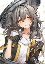 Rule 34 | 1girl, animal ears, bare shoulders, black gloves, black jacket, cat ears, closed mouth, commentary request, fish bone, gloves, grey hair, hair between eyes, hand up, holding, honkai: star rail, honkai (series), in trash can, iro 178, jacket, long sleeves, looking to the side, medium hair, messy hair, mouth hold, off shoulder, open clothes, open jacket, paw pose, paw print, paw print background, shirt, sidelocks, simple background, sleeve rolled up, solo, stelle (honkai: star rail), trailblazer (honkai: star rail), trash can, trashcan lid, twitter username, upper body, white background, white shirt, yellow eyes, yellow trim