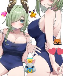 Rule 34 | 1girl, alternate costume, arms behind back, ass, back, bird, blue eyes, blue one-piece swimsuit, blush, braid, breasts, brown horns, chicken, cleavage, closed mouth, commentary request, cowboy shot, curled horns, demon girl, demon horns, demon tail, emoji, expressionless, green hair, hair between eyes, hair over one eye, halo, heart, highres, holding own arm, horns, large breasts, long bangs, long hair, looking at viewer, multiple views, nanashi inc., one-piece swimsuit, open mouth, sekishiro mico, side braid, sideboob, simple background, single braid, swimsuit, tail, tamotsu (mary), virtual youtuber, wedgie, white background