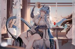 Rule 34 | 1boy, 1girl, 55mach, absurdres, arknights, blue hair, brother and sister, highres, ling (arknights), long hair, open clothes, pointy ears, shorts, siblings, sitting, very long hair, wang (arknights)