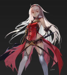 Rule 34 | 1girl, albino, arnas (yoru no nai kuni), artist name, belt, black background, breasts, closed mouth, gloves, goggles, goggles on head, long hair, looking to the side, outstretched hand, red eyes, shorts, side slit, sideboob, sketch, sleeveless, solo, star (symbol), swd3e2, sword, thighhighs, very long hair, weapon, white hair, white thighhighs, yoru no nai kuni