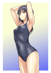 Rule 34 | 1girl, armpits, arms up, black hair, border, breasts, brown eyes, character request, competition school swimsuit, covered erect nipples, covered navel, cowboy shot, female focus, gradient background, kouda tomohiro, long hair, one-piece swimsuit, outside border, puffy nipples, school swimsuit, small breasts, solo, source request, standing, swimsuit, wet