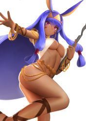 Rule 34 | 1girl, animal ears, belly chain, bracelet, breasts, chain, cleavage, closed mouth, dark-skinned female, dark skin, detached collar, earrings, egyptian clothes, eyeliner, facepaint, facial mark, fate/grand order, fate (series), hairband, halterneck, highres, hip focus, hoop earrings, jackal ears, jewelry, legband, long hair, looking at viewer, low-tied long hair, makeup, medium breasts, navel, nitocris (fate), one-piece swimsuit, outstretched arm, purple eyes, purple hair, sidelocks, simple background, solo, staff, swimsuit, thighs, underboob, very long hair, white background, white one-piece swimsuit, wristband, yamaneko (tkdrumsco)