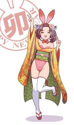 Rule 34 | 1girl, ^ ^, animal ears, arm up, bangs pinned back, bow, bowtie, breasts, brown hair, chinese zodiac, closed eyes, double v, facing viewer, fake animal ears, flat chest, forehead, full body, hair ornament, hand up, happy new year, headgear, highleg, highleg leotard, highres, japanese clothes, kanzashi, kimono, kimutomo 2, leotard, medium breasts, new year, okobo, open mouth, pink leotard, playboy bunny, rabbit ears, red bow, red bowtie, sandals, short kimono, simple background, smile, solo, standing, standing on one leg, strapless, strapless leotard, thigh gap, thighhighs, thighs, touhoku kiritan, twintails, v, voiceroid, wa bunny, white background, white thighhighs, year of the rabbit, yellow kimono