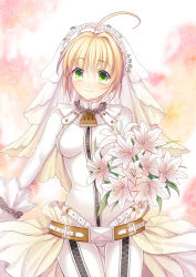 Rule 34 | 10s, 1girl, ahoge, bad id, bad pixiv id, belt, blonde hair, blush, bodysuit, bouquet, breasts, bridal veil, buckle, chain, fate/extra, fate/extra ccc, fate (series), flower, green eyes, hair ribbon, lily (flower), lock, nero claudius (bride) (fate), nero claudius (fate), nero claudius (fate), padlock, philomelalilium, ribbon, smile, solo, veil, zipper