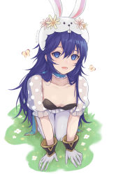 Rule 34 | 1girl, absurdres, all fours, animal ears, blue eyes, blue hair, breasts, bug, butterfly, collarbone, fake animal ears, fire emblem, fire emblem awakening, fire emblem heroes, frilled sleeves, frills, full body, gloves, grass, highres, insect, long hair, lucina (fire emblem), neck garter, nintendo, official alternate costume, pantyhose, polka dot, rabbit ears, see-through, shimizu akina, short hair, simple background, small breasts, solo, strapless, very long hair, white background, white gloves, white headwear, white pantyhose