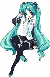 Rule 34 | 1girl, detached sleeves, female focus, full body, hatsune miku, long hair, sitting, skirt, solo, thighhighs, twintails, very long hair, vocaloid, zizi (zz22)