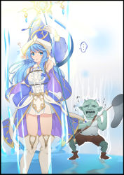 Rule 34 | 1boy, 1girl, arm up, armpits, blue dress, blue eyes, blue hair, braid, breast strap, breasts, colored skin, detached sleeves, dress, duel monster, elf, french braid, gameplay mechanics, goblin, green skin, hat, highres, holding, holding staff, looking at another, medium breasts, mochi curry, net, pointy ears, rite of aramesir, shorts, sleeveless, sleeveless dress, staff, tank top, thighhighs, token collector (yu-gi-oh!), water enchantress of the temple, witch hat, yu-gi-oh!, zettai ryouiki