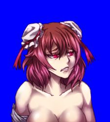 Rule 34 | 1girl, bad id, bad pixiv id, bandaged arm, bandages, blue background, breasts, bun cover, collarbone, disgust, double bun, female focus, frown, hair bun, ibaraki kasen, large breasts, mazeran, nude, out-of-frame censoring, pink eyes, pink hair, short hair, simple background, solo, teeth, touhou, upper body