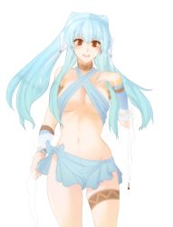 Rule 34 | 1girl, blue hair, blush, breasts, breasts apart, cleavage, fire emblem, fire emblem: the blazing blade, hair between eyes, highres, long hair, medium breasts, navel, ninian, nintendo, no panties, red eyes, solo, thigh strap, thighs, transparent background, tridisart