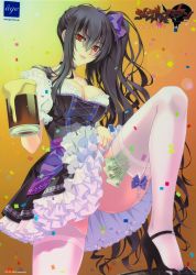 Rule 34 | 1girl, absurdres, beatrix bremer, beer mug, black hair, bodice, breasts, carnelian, choker, cleavage, confetti, cup, dirndl, dress, drinking glass, female focus, frills, garter straps, german clothes, glass, high heels, highres, large breasts, leg up, lips, long hair, looking at viewer, mary janes, money, tucked money, mug, muv-luv, muv-luv alternative, official art, parted lips, petticoat, red eyes, scan, schwarzesmarken, shoes, short dress, side ponytail, skindentation, smile, solo, thighhighs, very long hair, white thighhighs