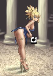 1girl :o alternate_costume ass blonde_hair blue_dress blue_eyes blurry blurry_background breasts column dr._stone dress feet full_body hanging_breasts high_heels kohaku_(dr._stone) large_breasts linkartoon nails pillar ponytail spiked_hair