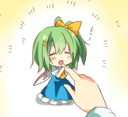 Rule 34 | 1girl, bow, chibi, closed eyes, daiyousei, female focus, fujishiro emyu, green hair, hair bow, lowres, mini person, minigirl, open mouth, short hair, side ponytail, simple background, smile, solo, touhou, wings