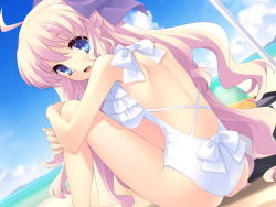 Rule 34 | 1girl, :d, ahoge, ass, back, backless outfit, backless swimsuit, beach, blonde hair, blue eyes, blush, bow, breasts, casual one-piece swimsuit, cloud, crossed arms, day, dutch angle, flyable heart, frilled swimsuit, frills, from behind, game cg, hair bow, highres, hugging own legs, ito noizi, large breasts, long hair, looking back, minase sakurako, narrow waist, on ground, one-piece swimsuit, open mouth, outdoors, parasol, sitting, sky, smile, solo, swimsuit, umbrella, very long hair, water, wavy hair, white one-piece swimsuit