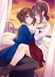 Rule 34 | 2girls, age difference, bed, black-framed eyewear, black legwear, blazer, blue jacket, blue skirt, blush, breasts, brown hair, closed mouth, curtains, evening, eye contact, glasses, hair ornament, hairclip, hand up, highres, indoors, infirmary, jacket, kisaragi yuri, lab coat, long sleeves, looking at another, medium breasts, multiple girls, no shoes, open clothes, open jacket, original, pantyhose, pleated skirt, profile, purple eyes, red skirt, round eyewear, school uniform, shirt, skirt, smile, soles, sunset, watch, white shirt, window, wristwatch, yuri