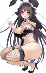 Rule 34 | &gt;:(, 1girl, 3:, absurdres, alternate costume, animal ears, ao no kanata no four rhythm, black bow, black footwear, black hair, black leotard, black necktie, blush, bow, breasts, cleavage, closed mouth, collar, covered navel, curvy, detached collar, detached sleeves, embarrassed, enmaided, eyelashes, eyes visible through hair, fake animal ears, fishnet thighhighs, fishnets, flying sweatdrops, frilled bow, frilled leotard, frills, from side, frown, full body, gloves, hair between eyes, hair bow, hands up, hareno chiame, high heels, highres, large breasts, legs, leotard, long hair, long sleeves, maid, maid headdress, necktie, pink eyes, pink hair, playboy bunny, rabbit ears, short necktie, simple background, skindentation, solo, squatting, straight hair, strapless, strapless leotard, sweatdrop, thick thighs, thighhighs, thighs, tobisawa misaki, tsurime, v-shaped eyebrows, very long hair, white background, white collar, white gloves