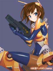 Rule 34 | 1girl, armor, assault rifle, blue eyes, bodysuit, bracer, breastplate, brown hair, closed mouth, copyright name, covered navel, elbow pads, faulds, from side, gloves, greaves, gun, holding, holding gun, holding weapon, junketsu duelion, leg armor, leg up, looking at viewer, mecha musume, miyagawa karen, official art, rifle, shiny clothes, short hair, shoulder pads, simple background, skin tight, smile, solo, translated, trigger discipline, weapon, yangsion, yellow armor