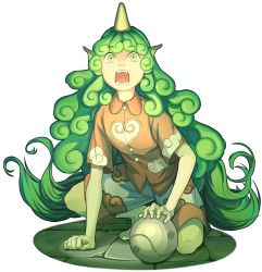 Rule 34 | 1girl, barefoot, cloud print, collared shirt, commentary, curly hair, fangs, green eyes, green hair, heart, highres, horns, kariyushi shirt, komano aunn, long hair, looking at viewer, mefomefo, open mouth, pointy ears, shirt, short sleeves, shorts, simple background, single horn, solo, squatting, teeth, touhou, very long hair, wide-eyed, yin yang