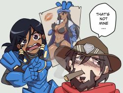 Rule 34 | 1boy, 1girl, aged down, alternate costume, ana (overwatch), armor, beard, beret, bikini, bikini under clothes, black bikini, black gloves, black hair, blush, breasts, brown eyes, captain amari, cassidy (overwatch), caught, cigar, cleavage, coat, commentary, cowboy hat, dark-skinned female, dark skin, english commentary, english text, eye of horus, facial hair, facial tattoo, gloves, hat, highres, large breasts, lipstick mark, long coat, long hair, mother and daughter, navel, nisego, open clothes, open coat, overwatch, overwatch (logo), overwatch 1, pharah (overwatch), photo (object), pinup (style), power armor, smoking, swimsuit, swimsuit under clothes, tattoo, thighs, undressing